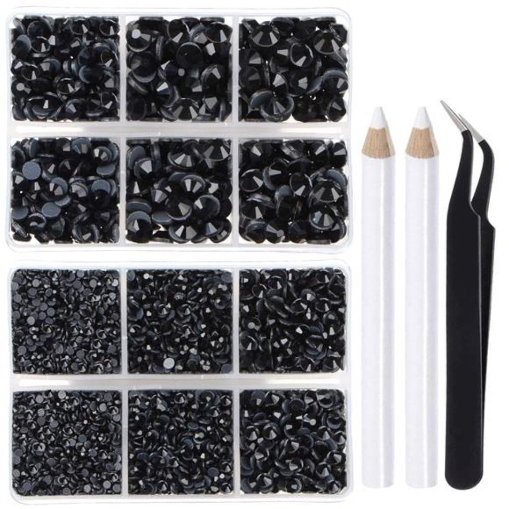 6400 Pieces Hotfix Rhinestones Black Flat Back 5 Mixed Sizes Crystal Round Glass